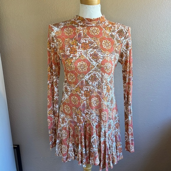 Free People Orange Paisley Drop Waist Open Back Mini Fit and Flare Dress NNN - Picture 1 of 6